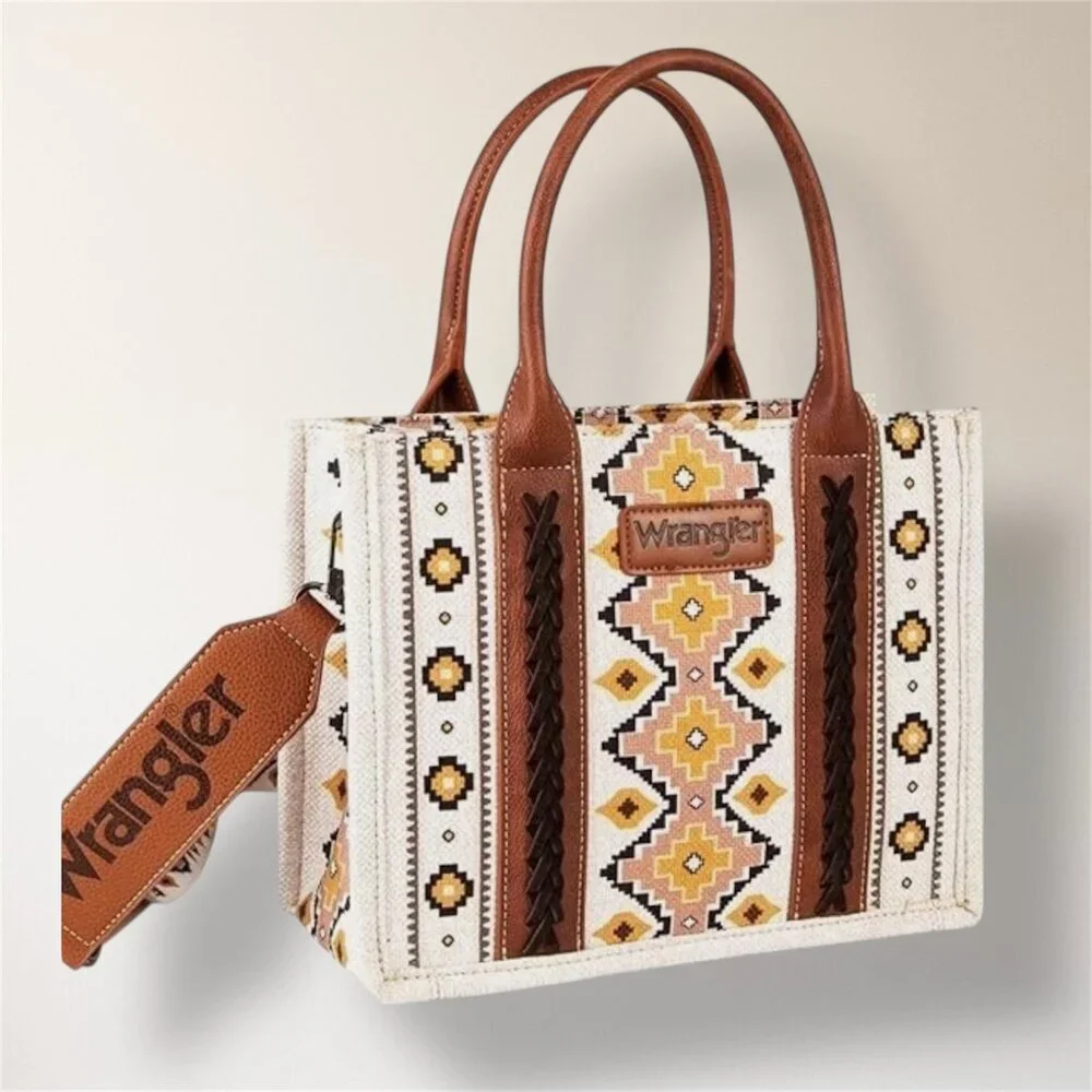 New‎ Wrangler Aztec Canvas Tote Crossbody Bag Coffee Brown Southwestern Purse